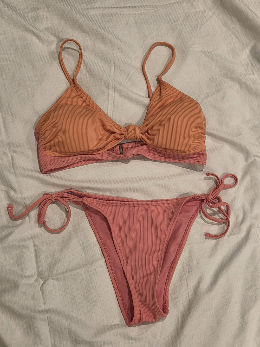 Forever21 Two-Tone Pink & Orange Ribbed Tie Bikini Set - Women's Swim